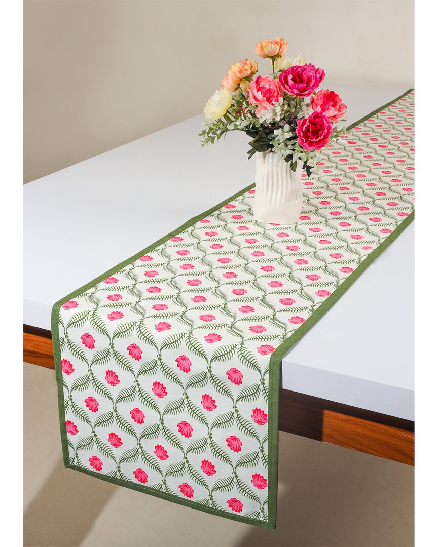 Tiramisu Lotus Garden Block Print Table Runner In Green
