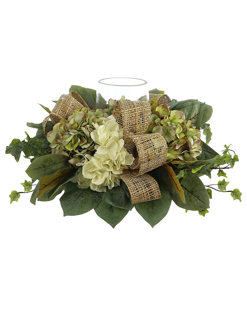 Creative Displays Hydrangea, Ivy And Magnolia Leaf Glass Candle Holder Centerpiece With Bows In White