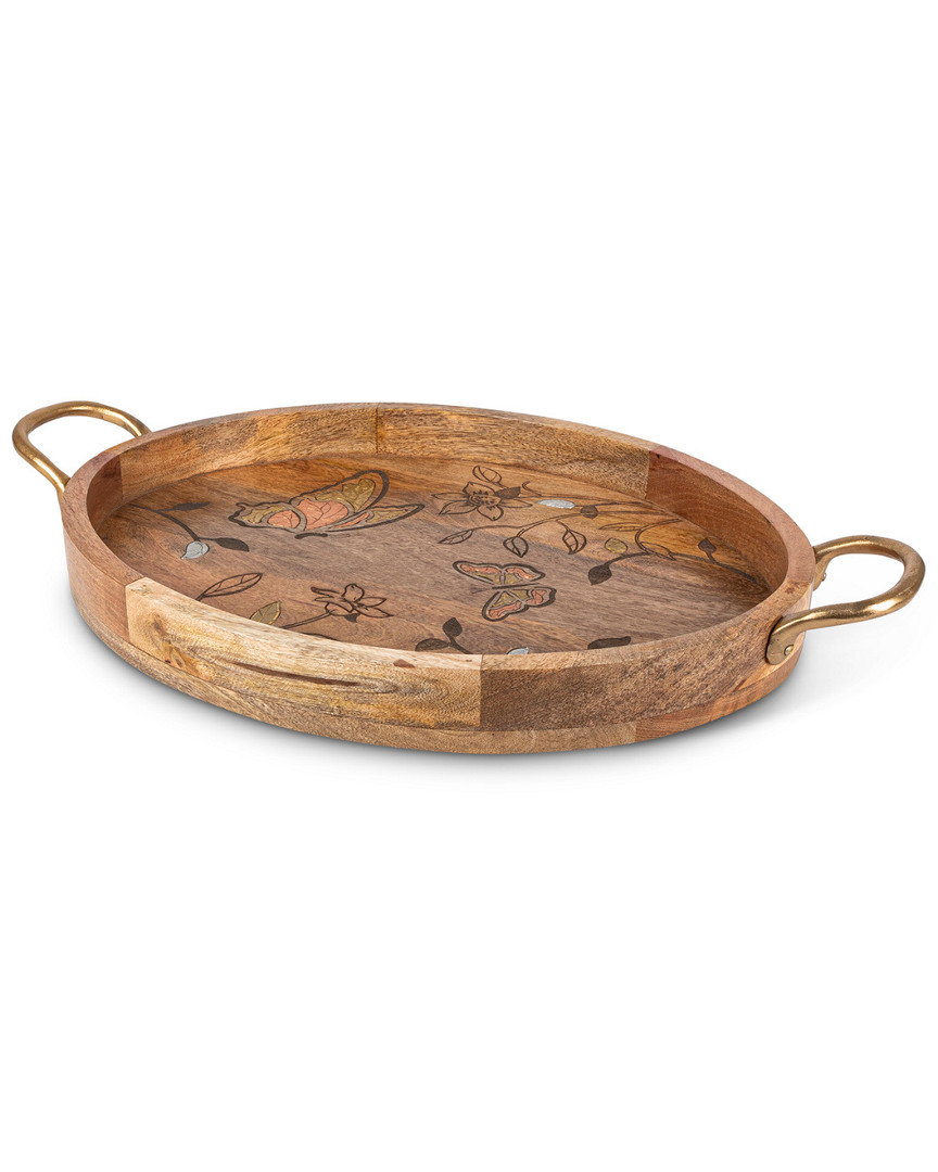 Gerson International Gg Collection Mango Wood With Laser Butterfly Design Oval Tray With Handles