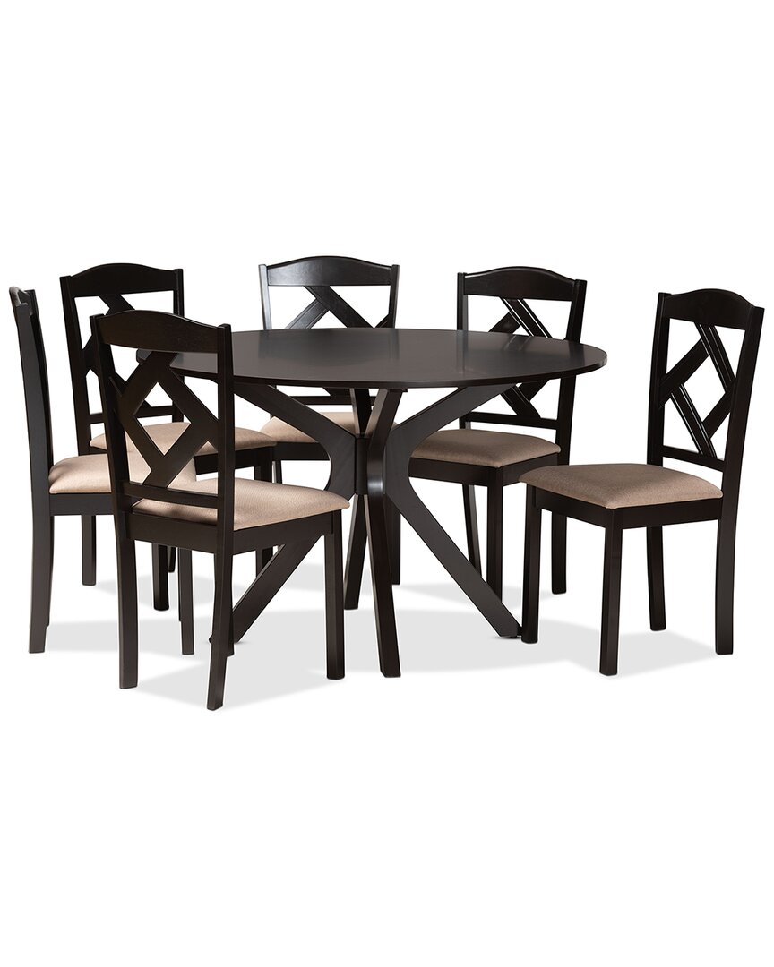 Baxton Studio Carlin Sand Fabric Upholstered & Dark Brown Finished Wood 7-piece Dining Set