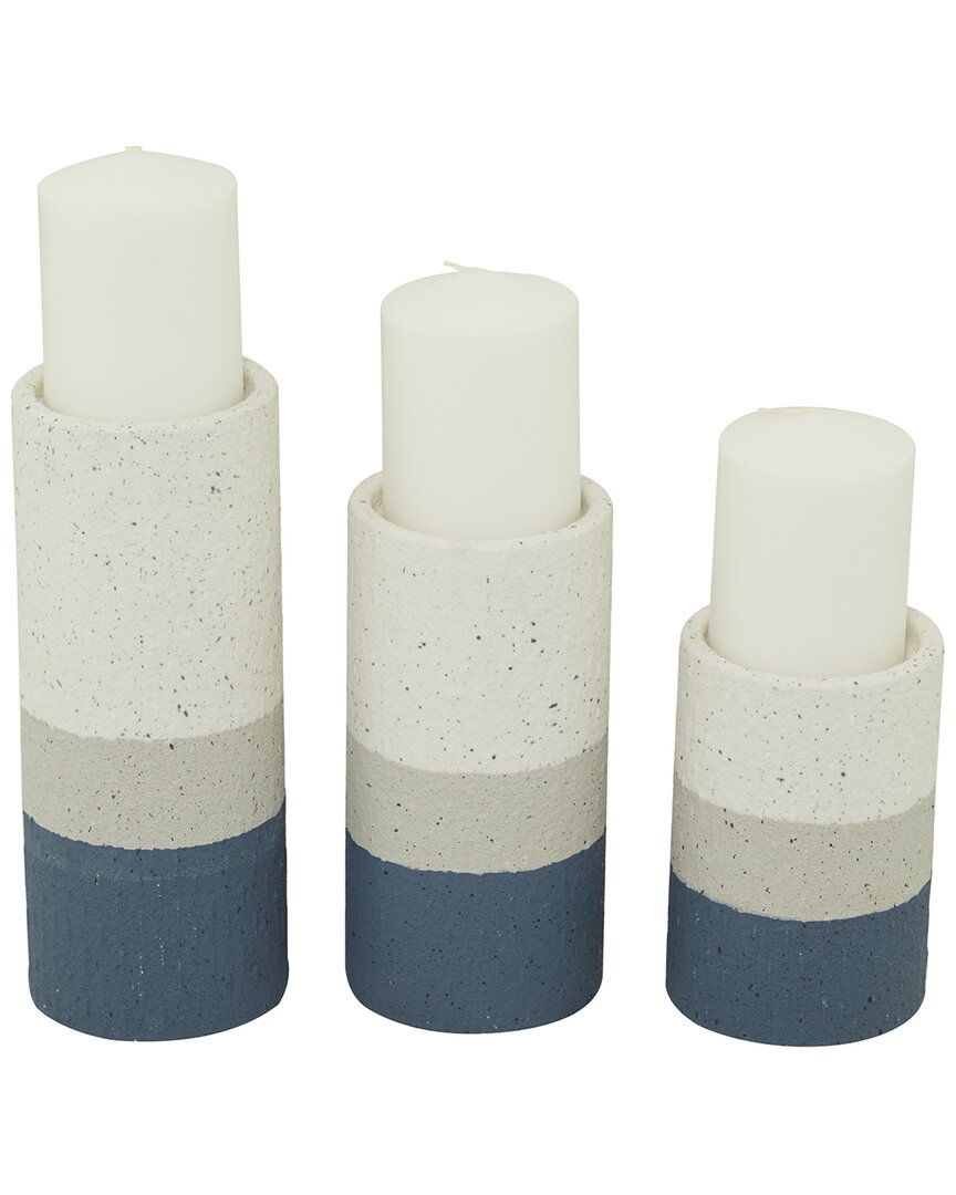 The Novogratz Set Of 3 Blue Metal Striped Pillar Candle Holder