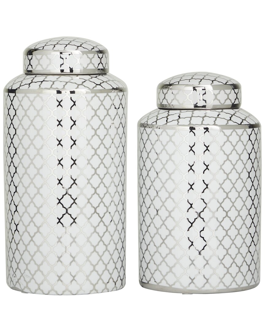 The Novogratz Set Of 2 Geometric Silver Ceramic Decorative Jars With Silver Accents