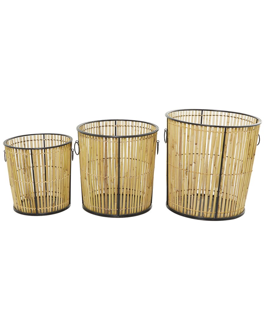 The Novogratz Set Of 3 Light Brown Rattan Handmade Slatted Frame Storage Basket With Ring Handles