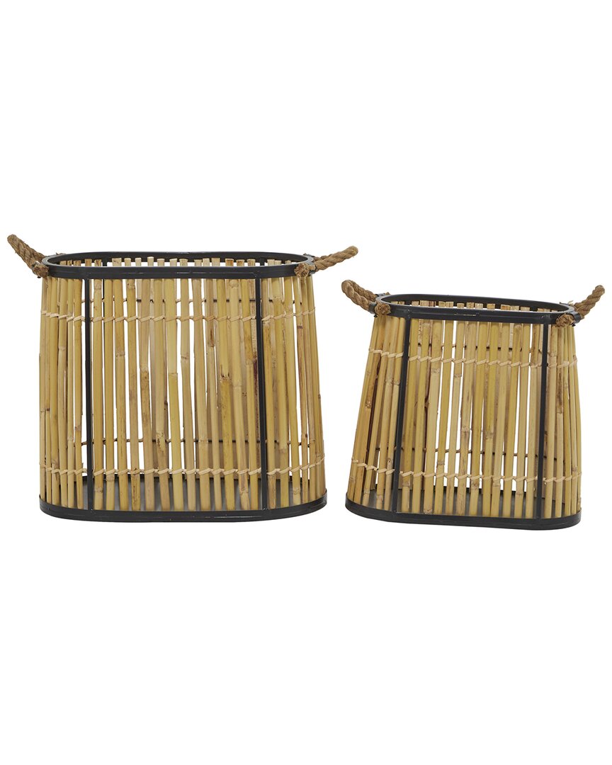 The Novogratz Set Of 2 Brown Wicker Handmade Slatted Frame Storage Basket With Handles