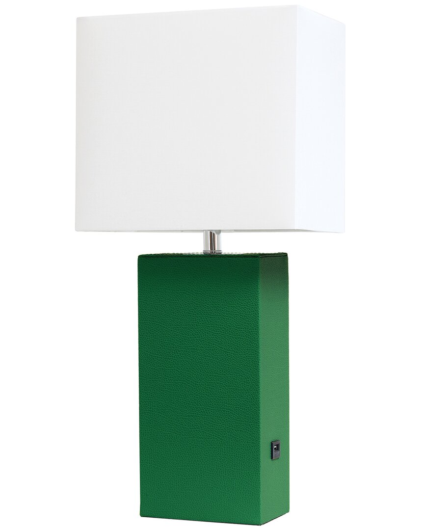 Lalia Home Lexington 21in Leather Base Modern Home Décor Bedside Table Lamp  With Usb Charging Port In Green