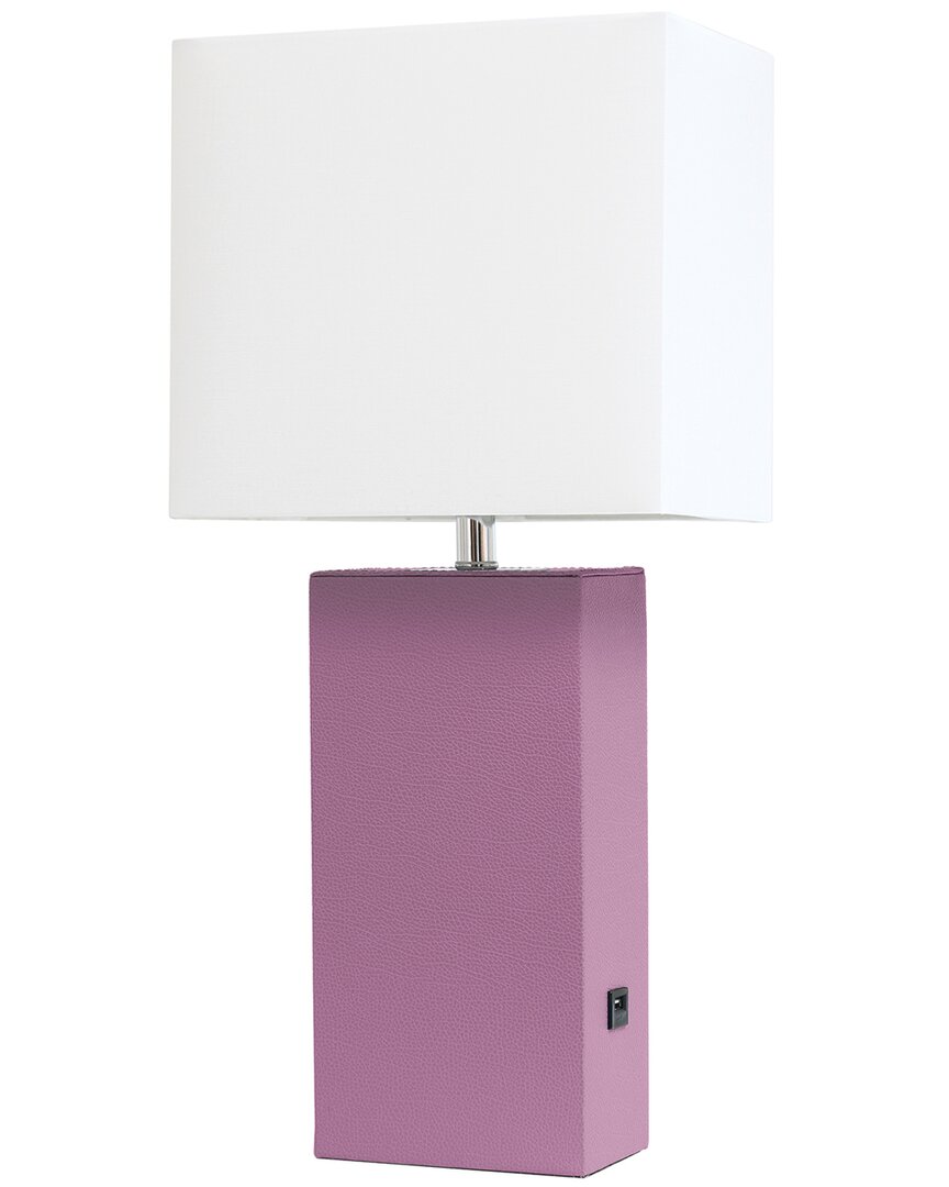 Lalia Home Lexington 21in Leather Base Modern Home Décor Bedside Table Lamp  With Usb Charging Port In Purple
