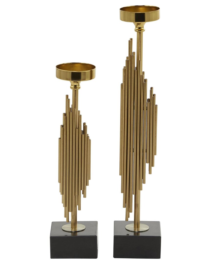 Peyton Lane Set Of 2 Abstract Gold Stainless Steel Metal Vertical Pipe Decorative Candle Holder With Black Marble Base