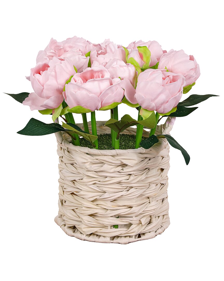 National Tree Company 10in Light Pink Peony Flower Bouquet In White Basket In Pink