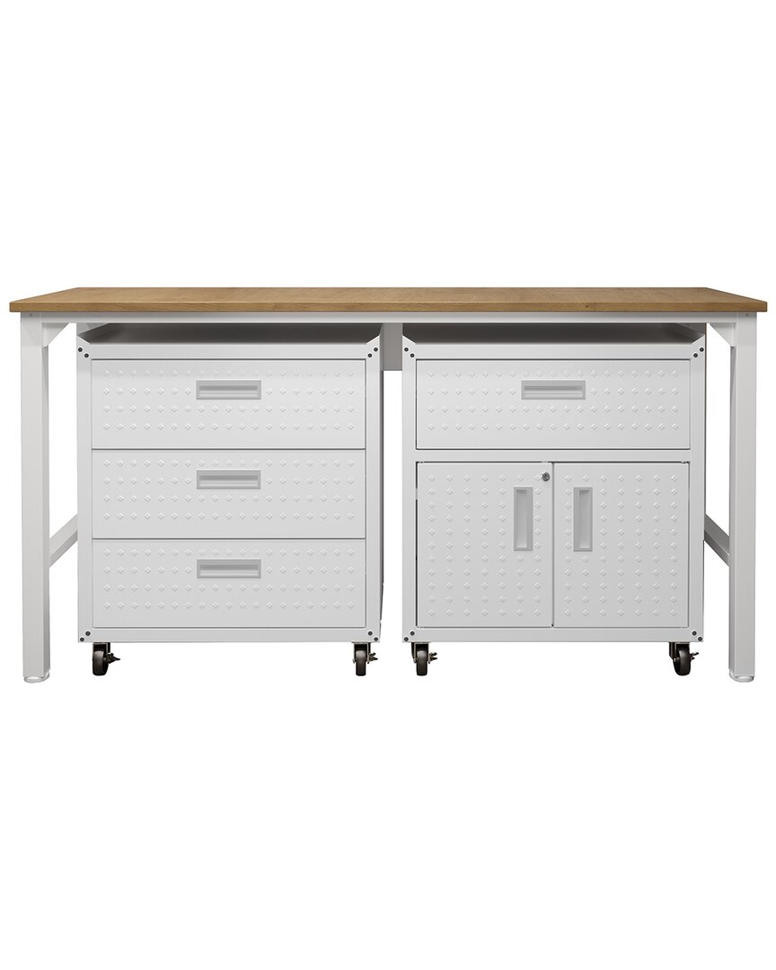 Manhattan Comfort 3pc Fortress Mobile Space-saving Garage Cabinet And Worktable 5.0 In White