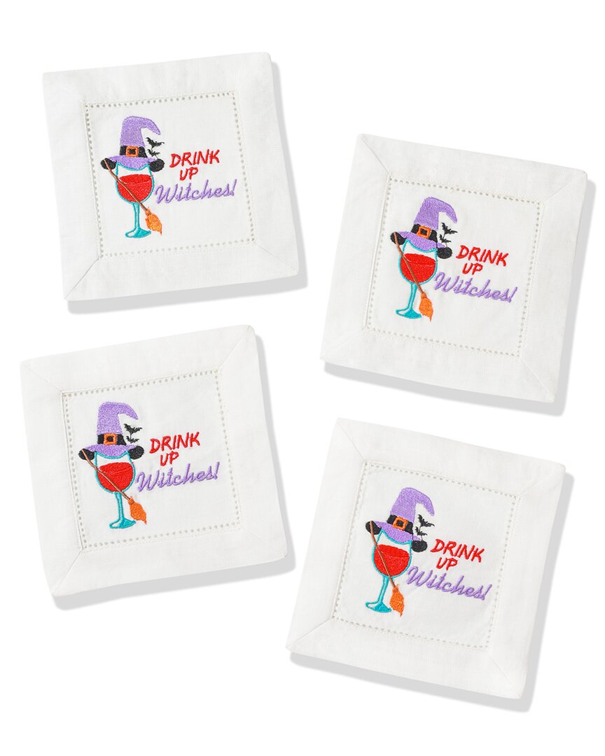 Tiramisu Drink Up Witches Embroidered Linen Cocktail Napkins In White