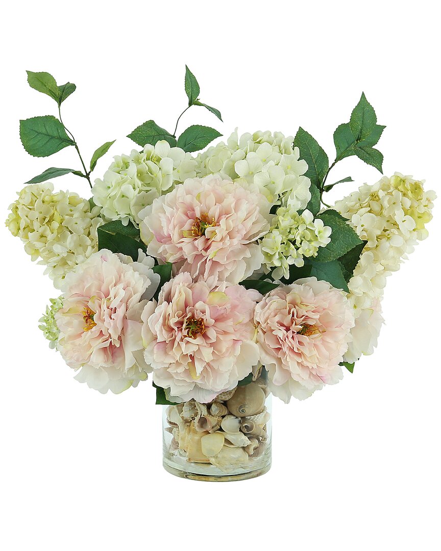 Creative Displays Pink Peony And Cone Hydrangeas In A Seashell Filled Vase