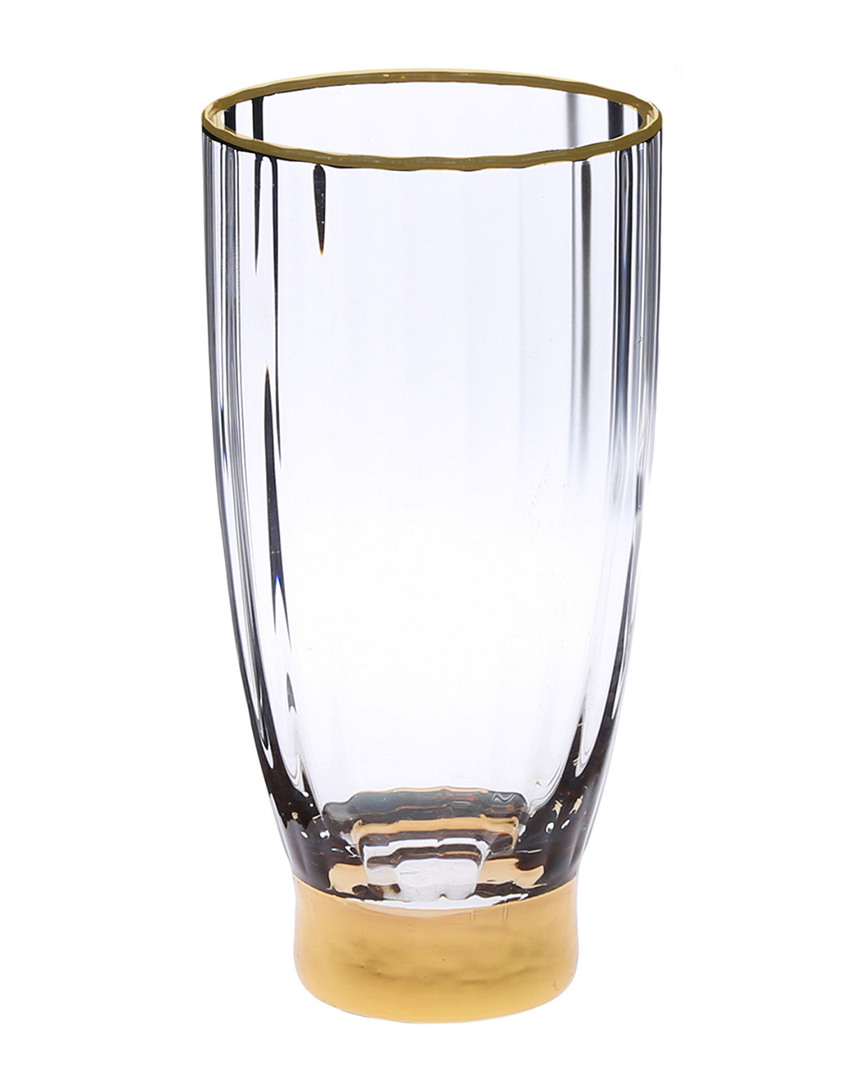 Classic Touch Set Of 6 Straight Line Textured Water Tumblers With Vivid Gold Tone Base And Rim In Clear