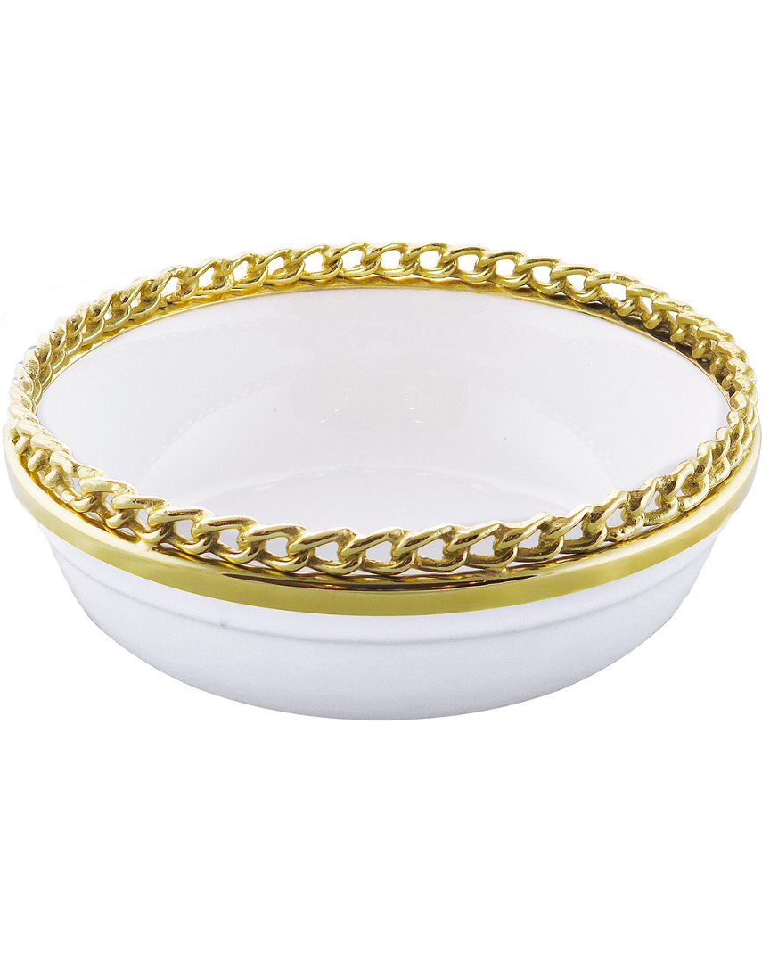 Classic Touch White Ceramic Salad Bowl With Silver Chain Border