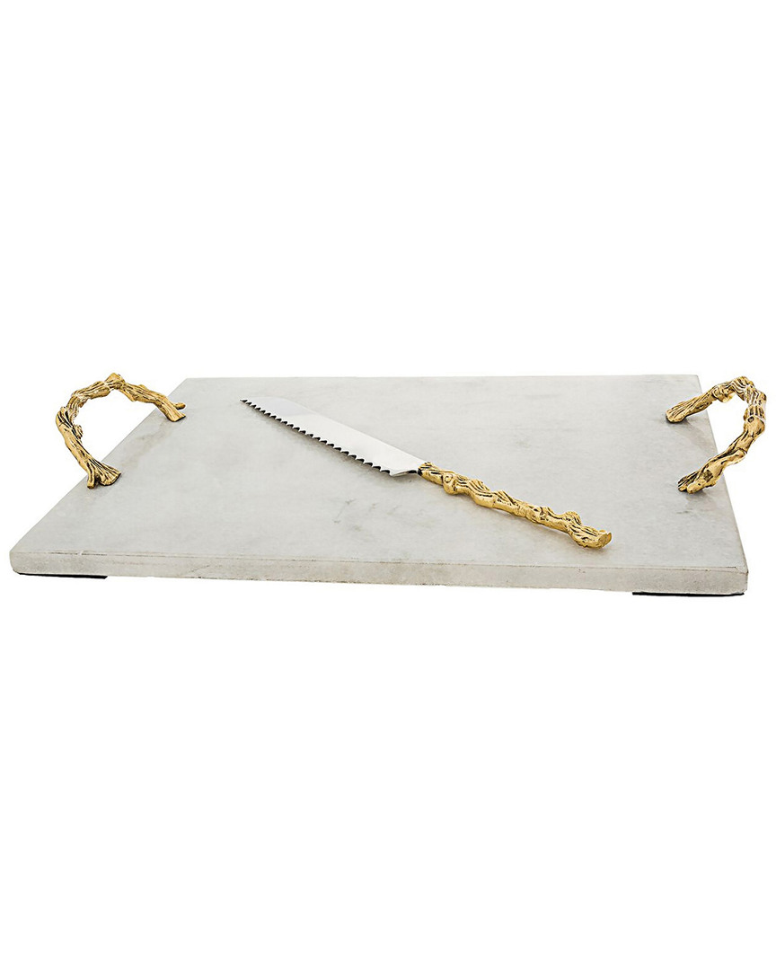 Classic Touch White Marble Bread Board With Wooden Deisgn Handles