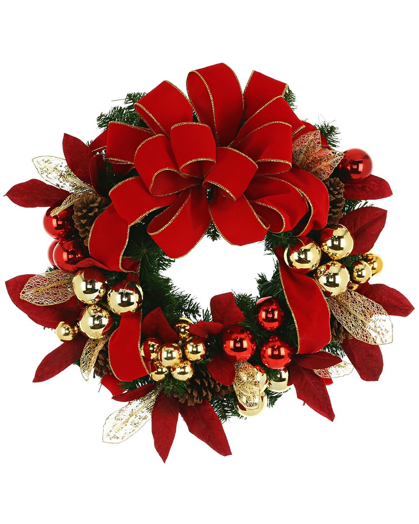 Creative Displays 26in Evergreen Holiday Wreath With Red & Gold Leaves & Bows