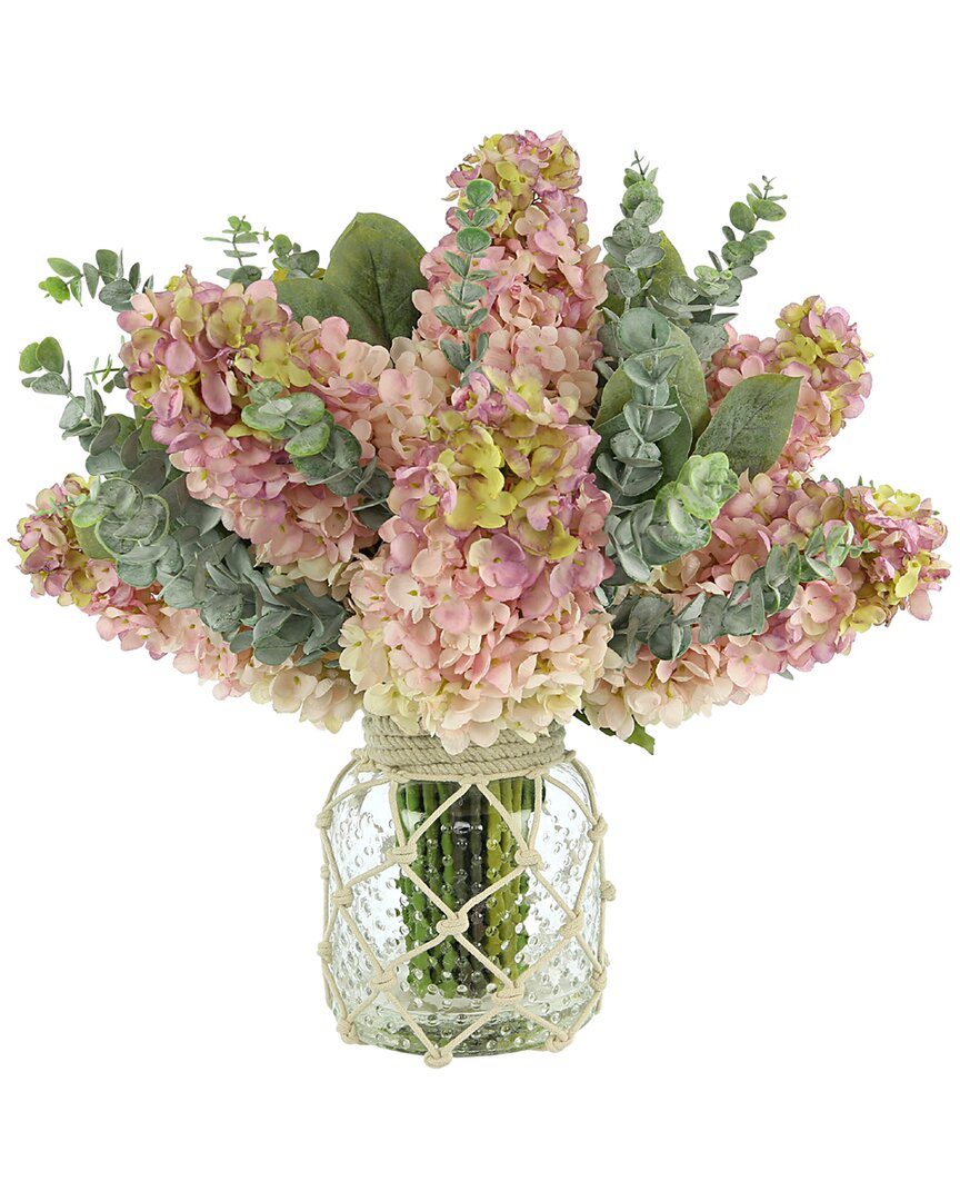 Creative Displays Pink Cone Hydrangea And Eucalyptus Floral Arrangement In Glass Vase With Rope Accent