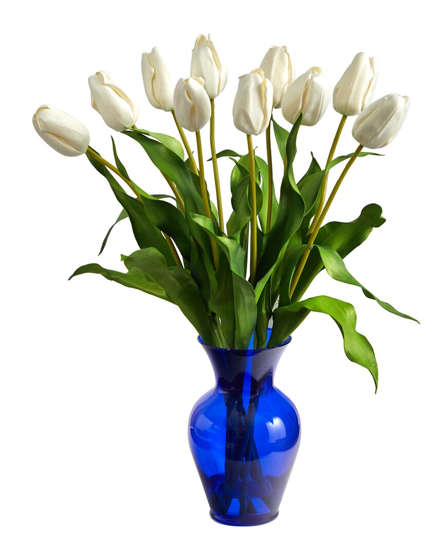 NEARLY NATURAL NEARLY NATURAL 22IN DUTCH TULIP ARTIFICIAL ARRANGEMENT IN BLUE COLORED VASE 