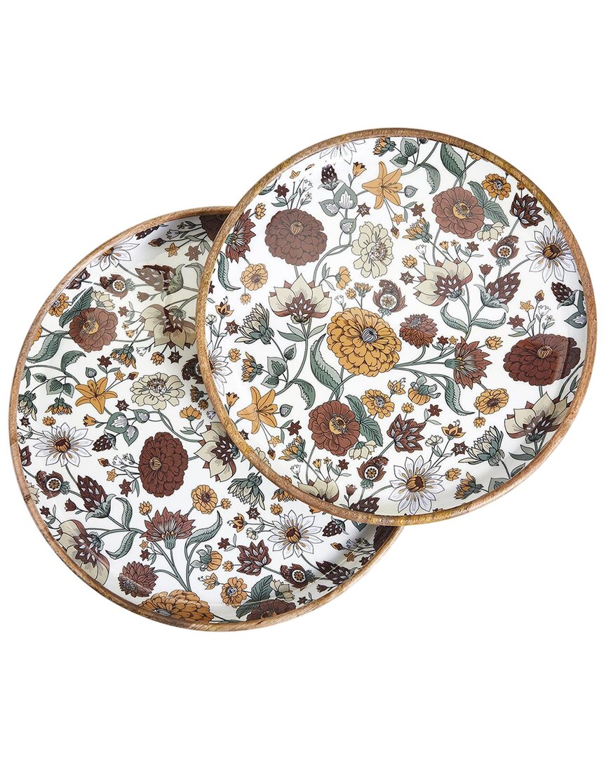 Two's Company Set Of 2 Naturally Floral Hand-crafted Round Trays In Beige