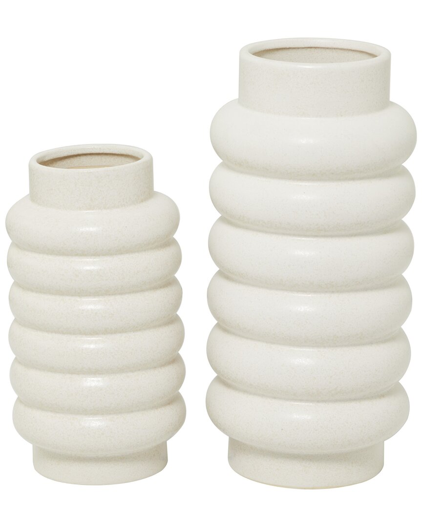 Cosmoliving By Cosmopolitan Set Of 2 Ceramic Vase With Ring Ribbing In White