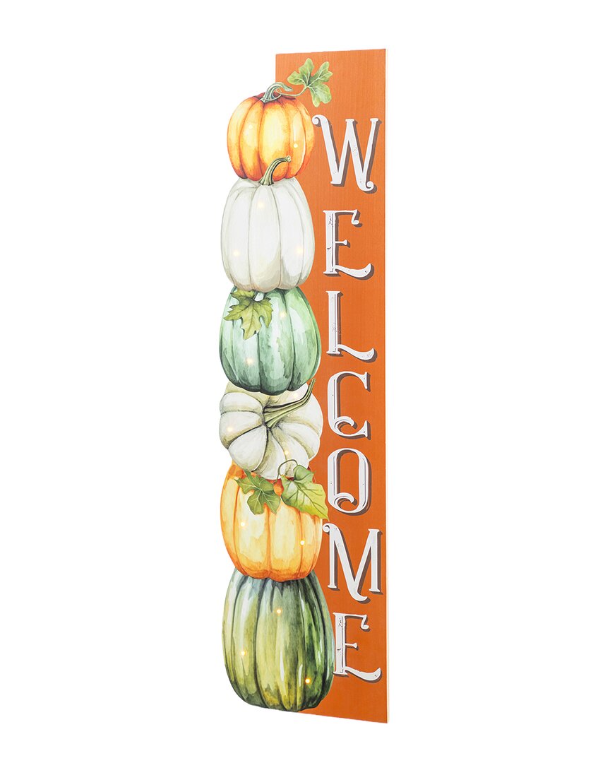 Glitzhome Handmade Lighted Fall Wood Stacked Pumpkins Welcome Porch Sign With Timer In Multi