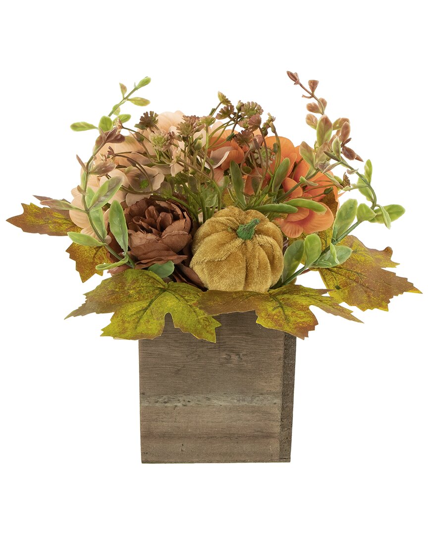 Northlight 10in Floral & Pumpkin Wooden Box Decoration In Orange