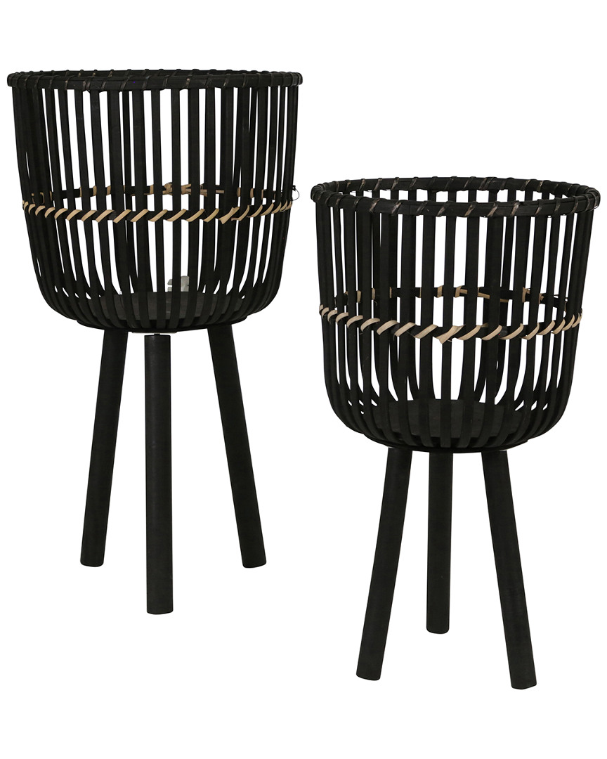 Sagebrook Home Bamboo Footed Planter Set In Black