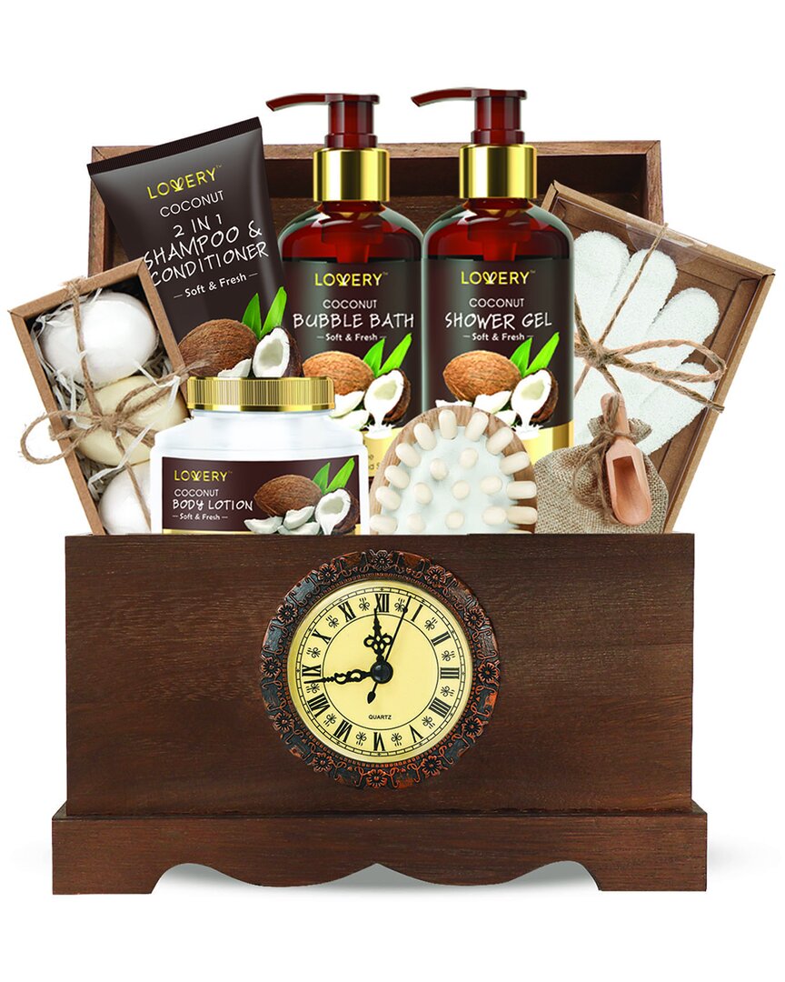 Lovery Luxury Bath Gift Set, 13pc Coconut Luxury Body Care In Vintage Clock Box In Brown