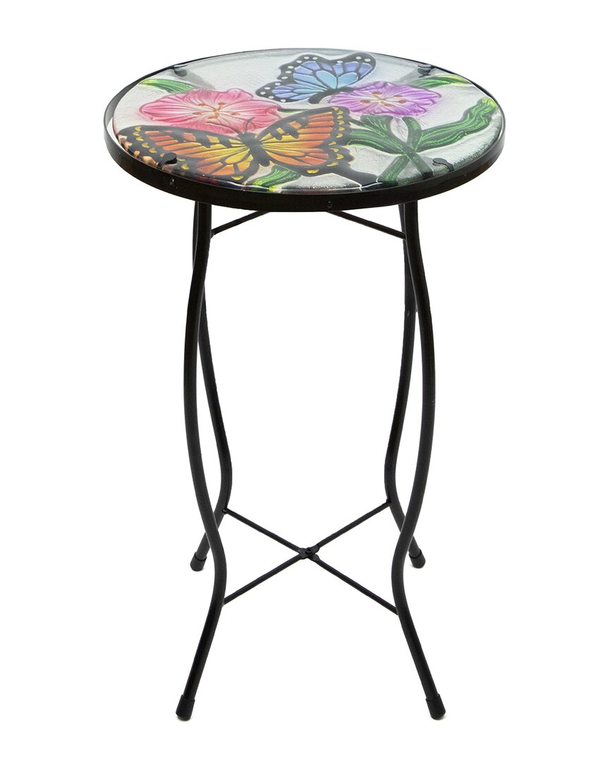 Northlight 19in Floral & Butterfly Glass Patio Side Table
