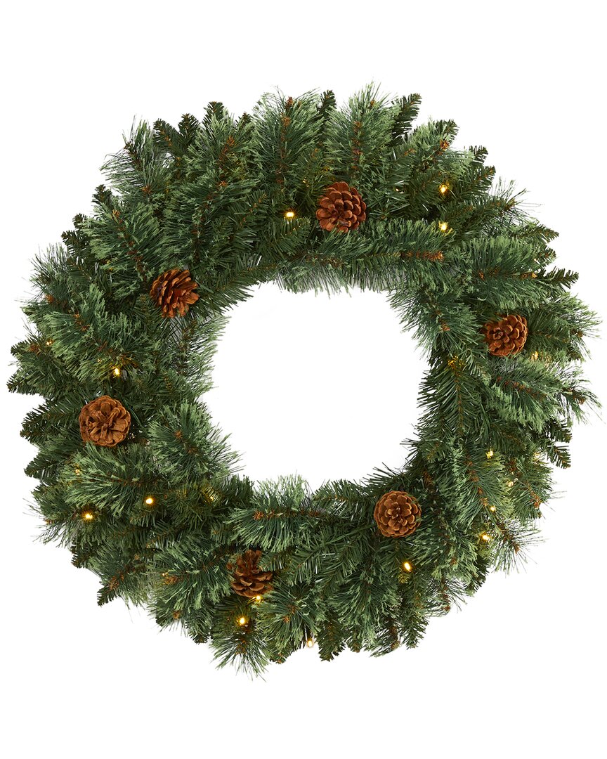 Nearly Natural 24in White Mountain Pine Artificial Wreath With Led Lights In Green