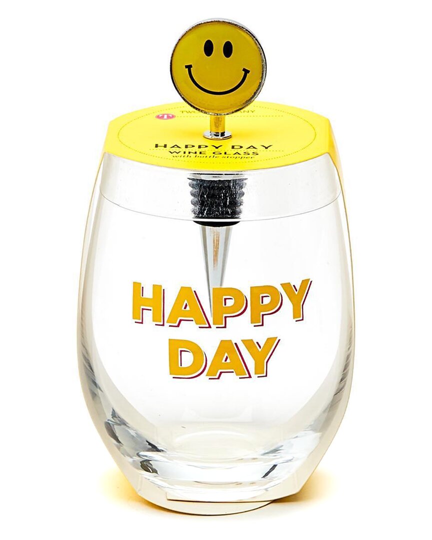 Two's Company Happy Day Stemless Wine Glass With Smile Face Wine Stopper In Yellow