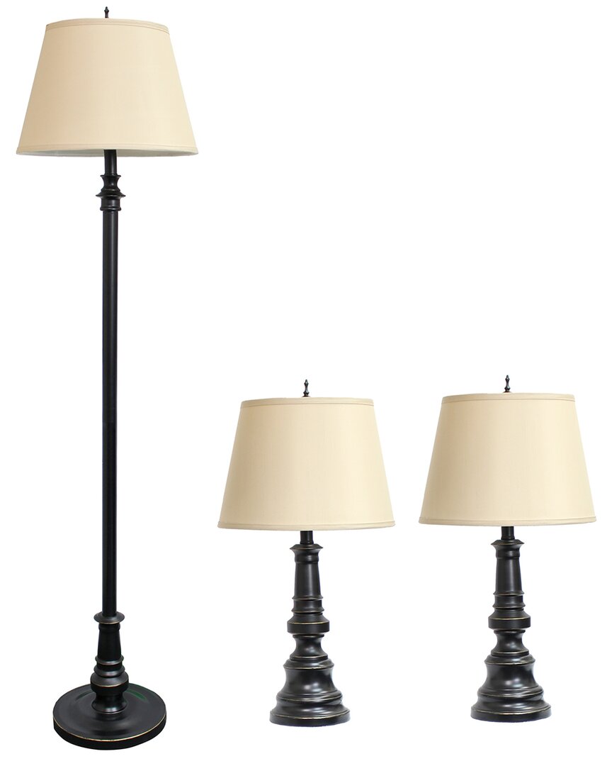 Lalia Home Homely Oxford Classic 3pc Metal Lamp Set (2 Table Lamps, 1 Floor  Lamp) In Gold
