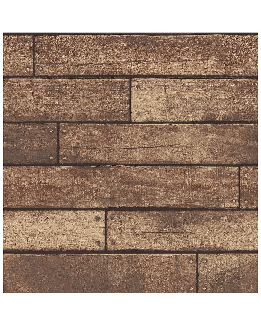 Brewster Weathered Brown Nailhead Plank Wallpaper