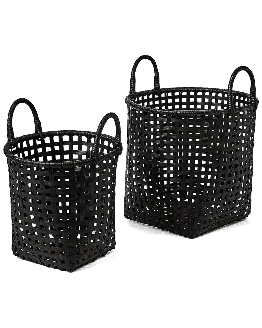 Baum Set Of 2 Open Crosshatch Weave Bamboo Baskets With Ear Handles In Black