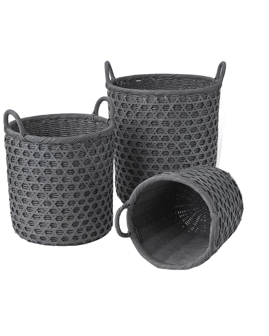 Baum Set Of 3 Round Rattan And Bamboo Caning Baskets With Ear Handles In Grey