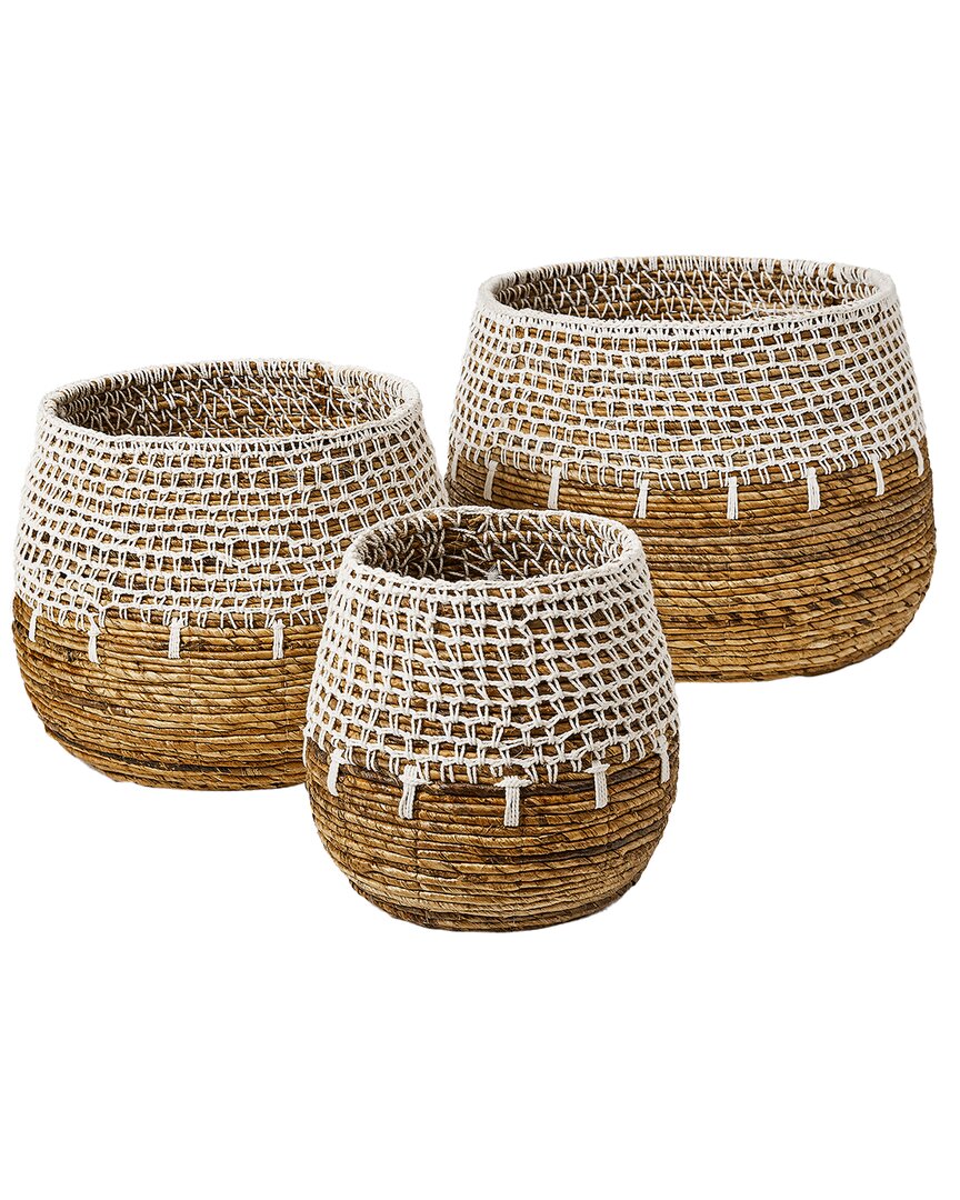 Baum Set Of 3 Round Banana Baskets With String Honeycomb Outside Pattern In Brown