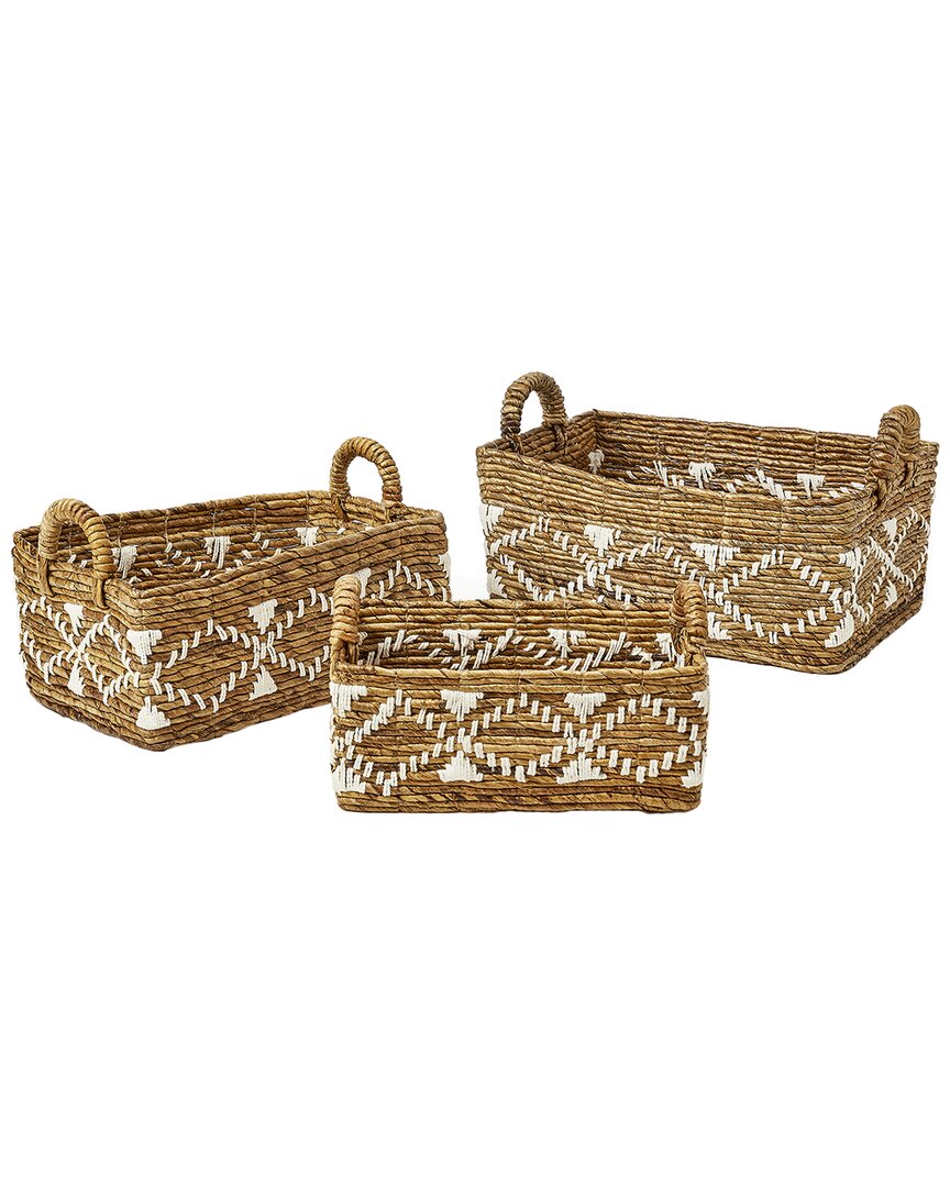 Baum Set Of 3 Rectangular Banana Baskets With Ear Handles And Pattern Outside In Brown