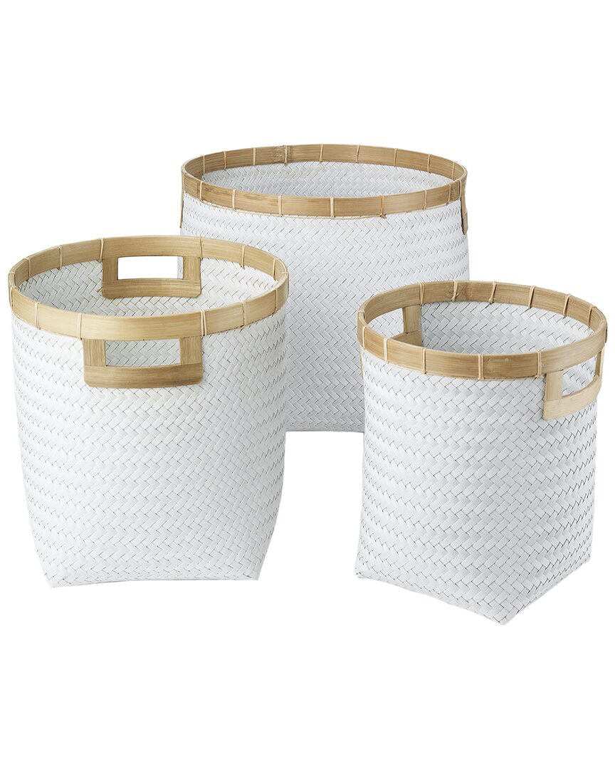 Baum Set Of 3 Round Top Bottom Bamboo Baskets With Cut-out Handles In White