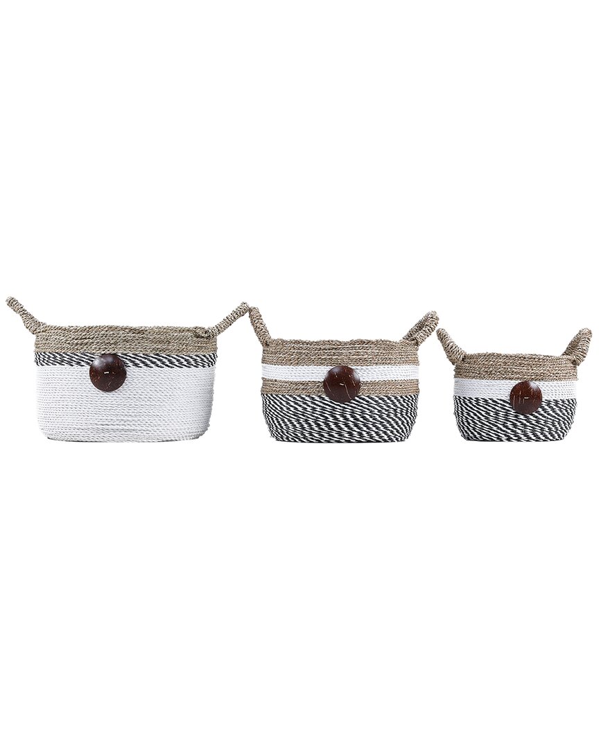 Baum Set Of 3 Raffia & Seagrass Baskets With Coco Buttons And Ear Handles In Brown
