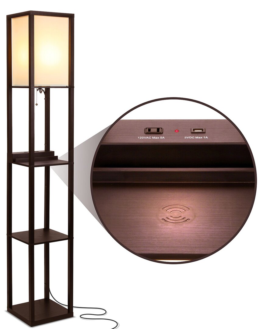Brightech Maxwell Brown Led Shelf Floor Lamp With Usb Port
