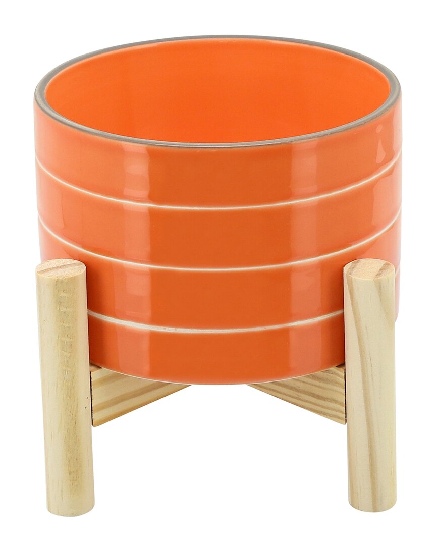 Sagebrook Home Striped Planter With Wood Stand In Orange