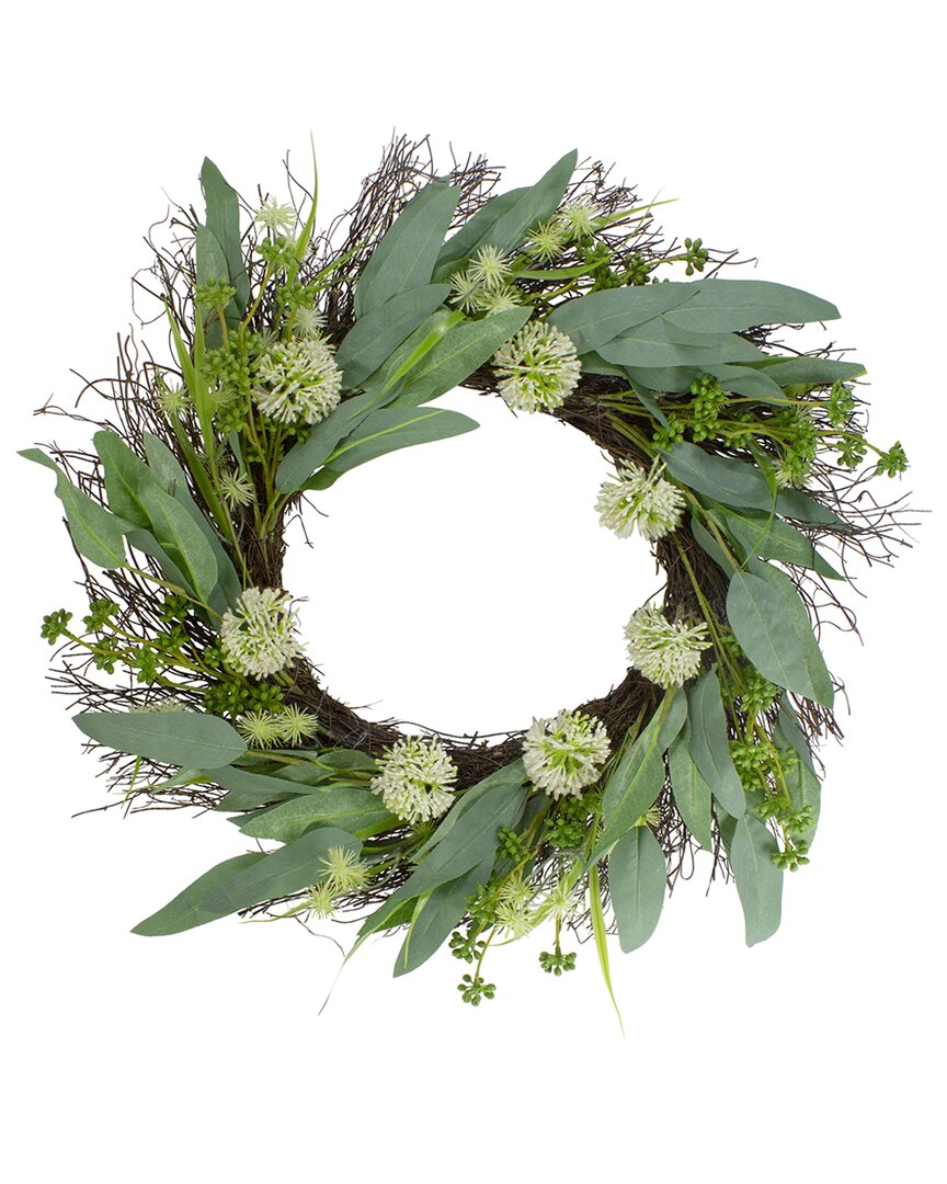 Northlight Olive Leaf And Floral Twig Spring Wreath, 23" In Green