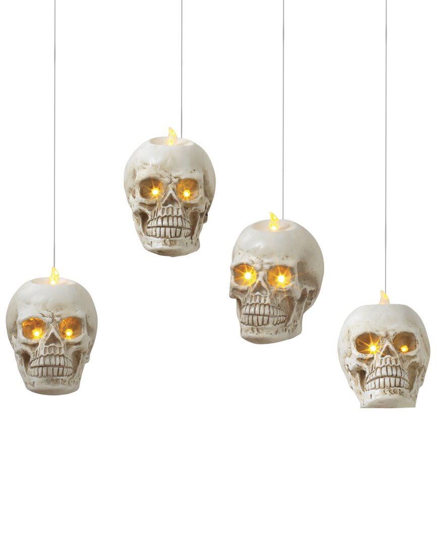 Gerson International Everlasting Glow Set Of 4 Battery Operated Resin Hanging Skull Appear To Be Hanging Mid-air In Ivory
