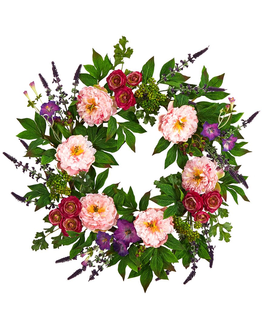 Shop Nearly Natural 22in Assorted Peony Artificial Wreath In Pink