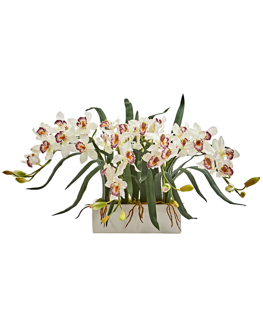 Nearly Natural Cymbidium Artificial Arrangement In White Vase
