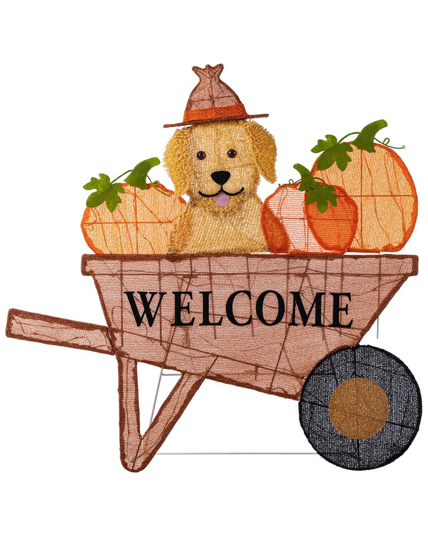 Glitzhome Handmade Lighted Fall Pumpkin Wheel Barrow With Labrador Outdoor Decor In Multi