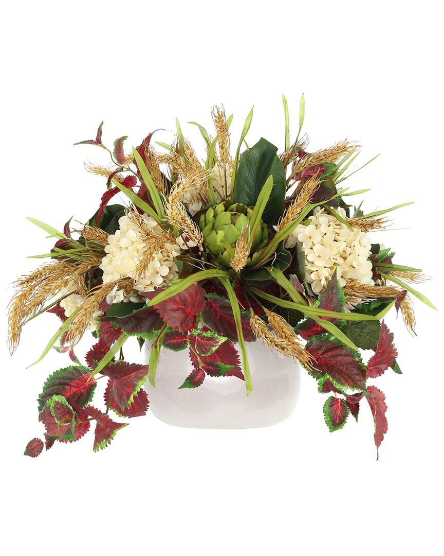 CREATIVE DISPLAYS CREATIVE DISPLAYS RUSTIC FALL ARRANGEMENT WITH CREAM HYDRANGEAS, RED IVY &  ARTICHOKES IN CERAMIC PO 