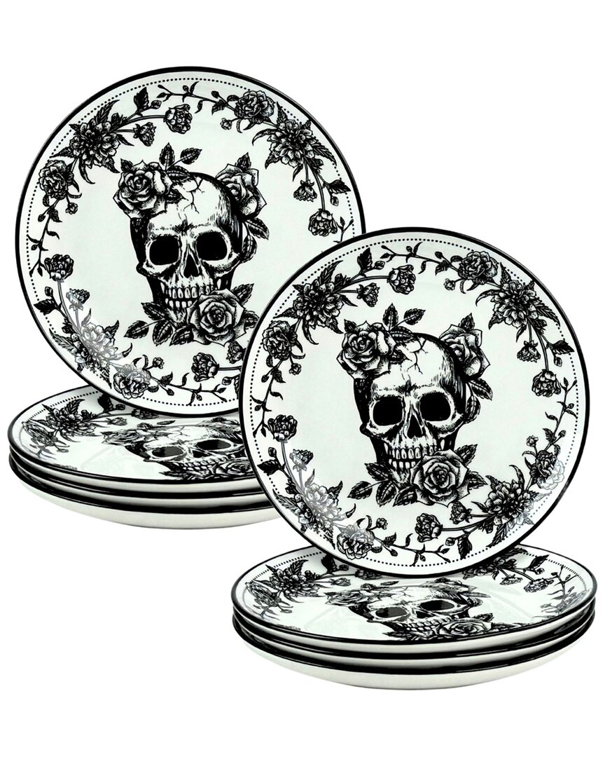 10 Strawberry Street Set Of 8 Skull Toile Appetizer Plates
