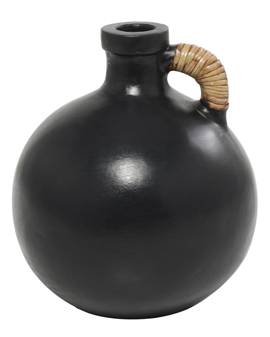 Peyton Lane Ceramic Jug Vase With Rattan-wrapped Handle In Black