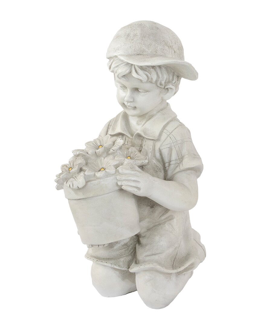 Northlight 15in Solar Led Lighted Boy With Flowers Outdoor Garden Statue