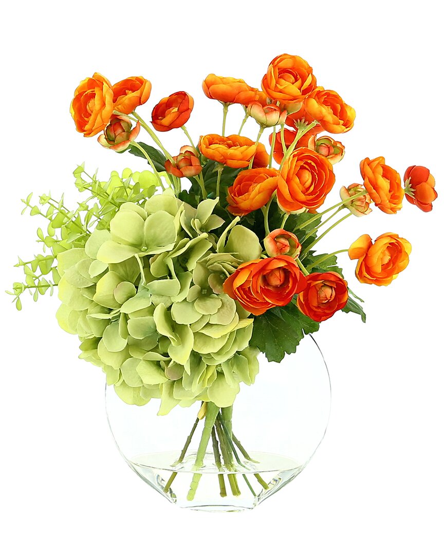 CREATIVE DISPLAYS CREATIVE DISPLAYS ORANGE RANUNCULUS, HYDRANGEA & EUCALYPTUS ARRANGEMENT IN GLASS VASE